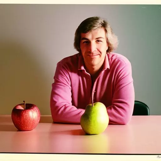 A man comparing an apple and a pear