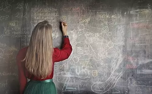A lady writing on a blackboard
