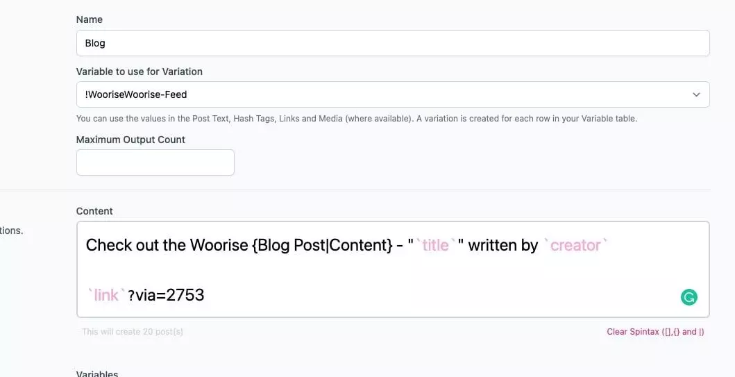 Using Woorise RSS feed to generate a Social Media Post