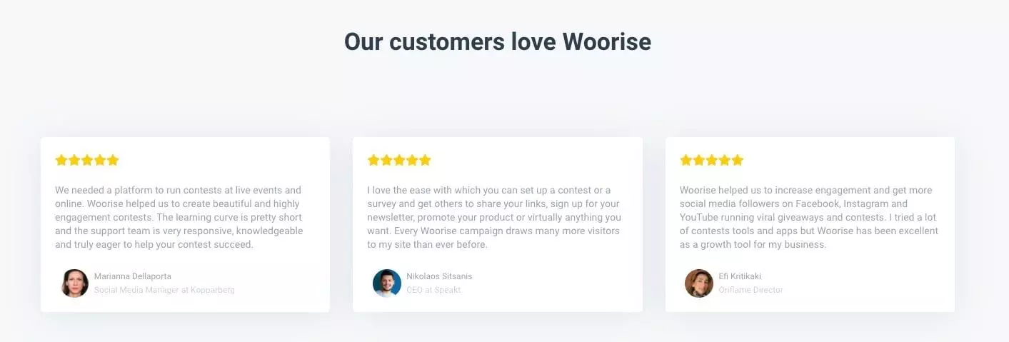Woorise Testimonials are great for pulling content ideas from to share with your affiliates.