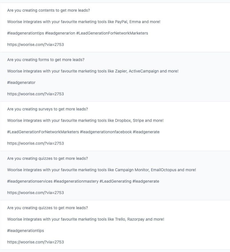 7 Wonderful Affiliate Marketing Content Examples for Woorise using Post Maker 11 Woorise Social Media Posts with assorted hashtags.